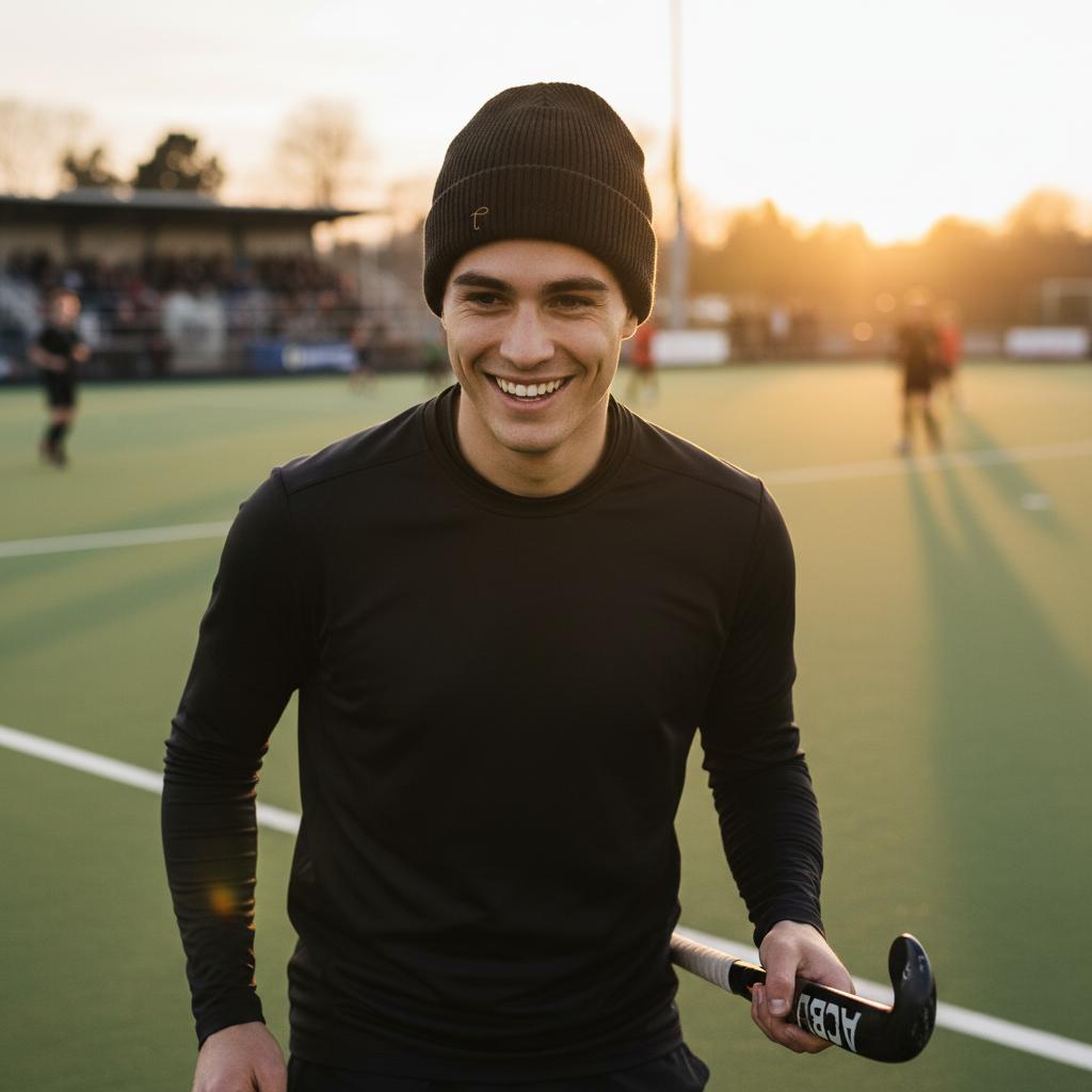 Man at a fieldhockey court with a black Lettre Organic cotton beanie personalized with embroidered initials – sustainable fashion Europe
