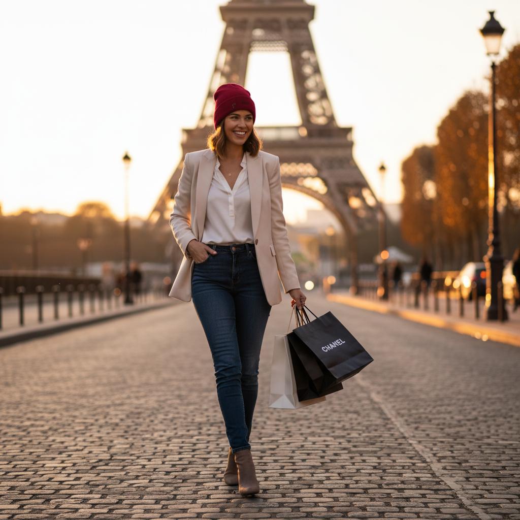 Lady at the Eiffel tower with luxury shopping bags and a Lettre burgundy colored organic beanie personalized with embroidered initials – sustainable fashion Europe