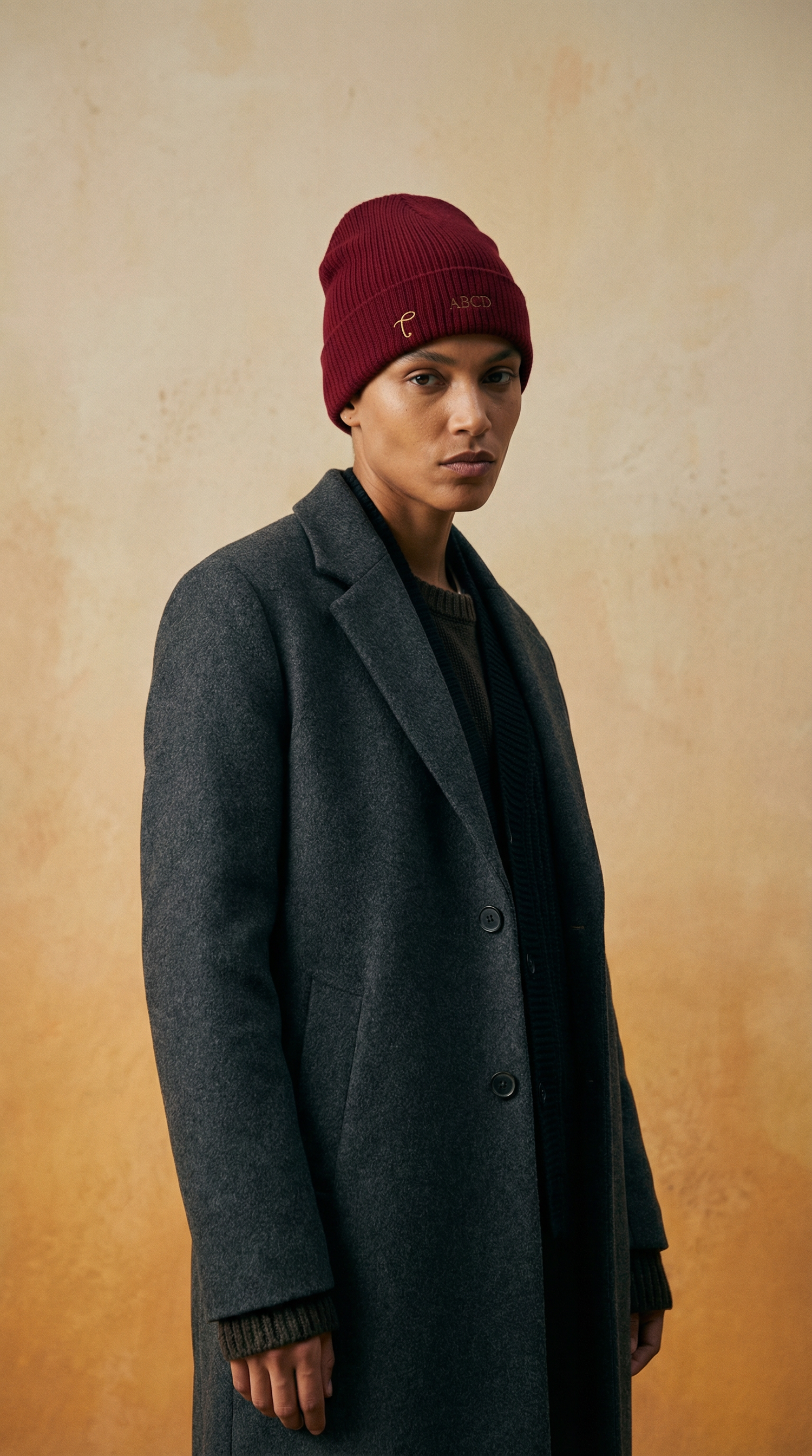 Persoon met bordeauxrode beanie van Lettre Paris en wollen trenchcoat