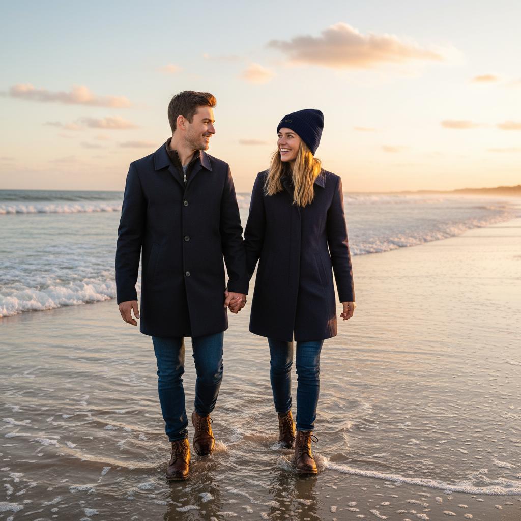Cosy couple at the beach with a Lettre navy colored Organic cotton beanie personalized with embroidered initials – sustainable fashion Europe