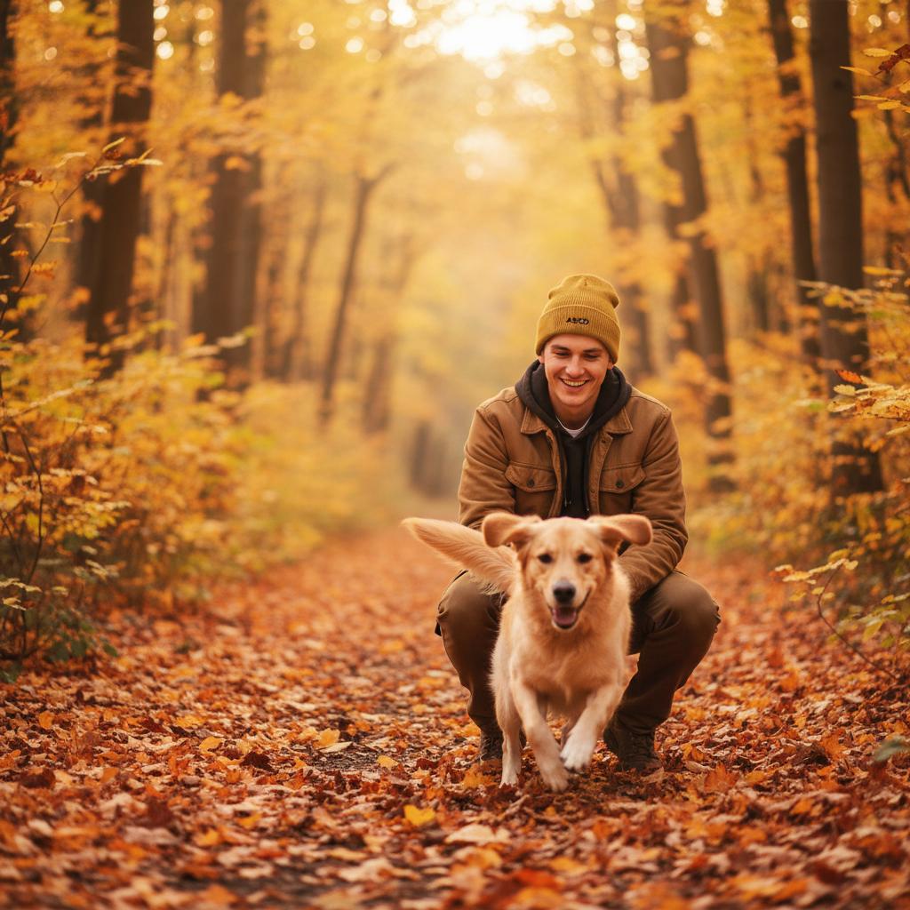 Man with Organic cotton beanie personalized with embroidered initials – sustainable fashion Europe dog in woods 
