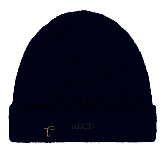Personalized oxford navy beanie, monogrammed with initials, Dutch luxury apparel