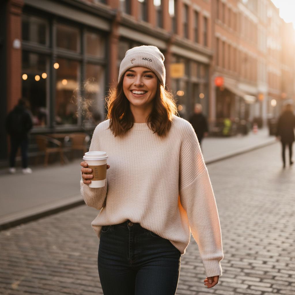 lady with coffee in Paris street with a Lettre personalized beanie in color sand