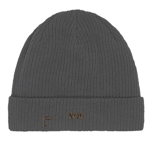 Close-up van grafiet grijze beanie met ribstructuur van Lettre