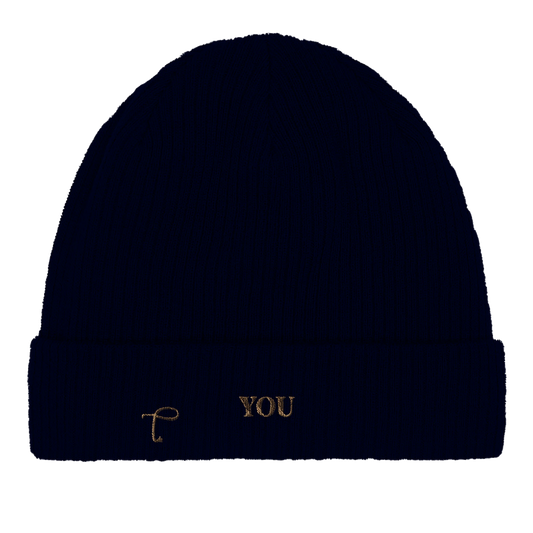 Close-up van oxford navy beanie met ribstructuur van Lettre